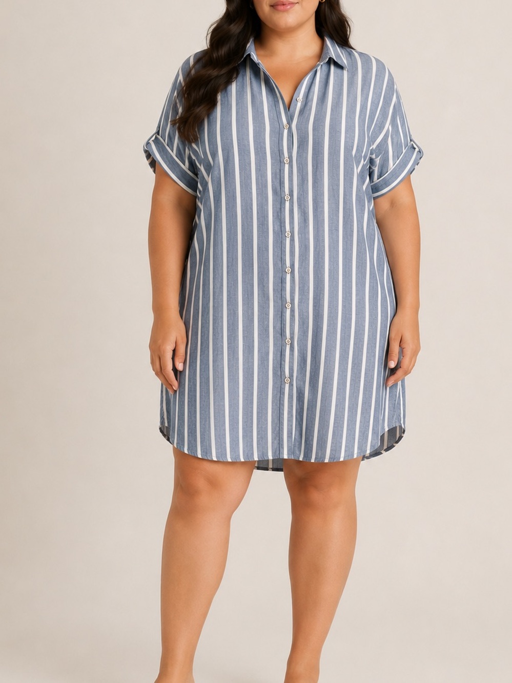 Faherty Breeze Linen Blend Blue Pinstripe Coastal Button Front Shirt Dress